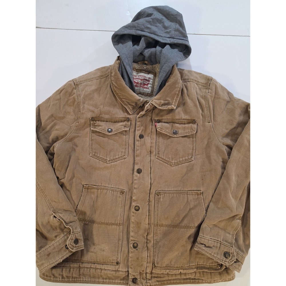 Levi's Mens Large Washed Cotton Canvas Work Jacket Hooded Sherpa‎ Lined Brown